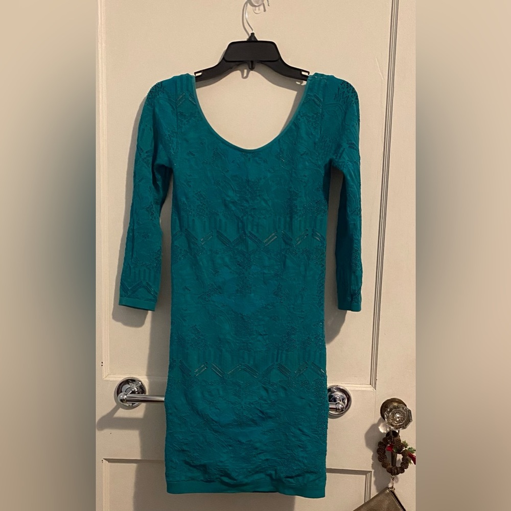 teal bebe body con dress